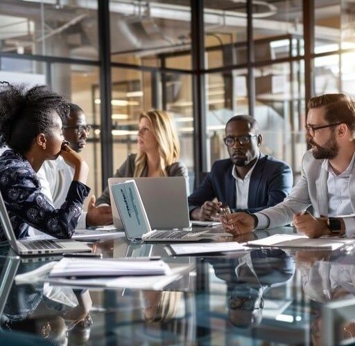Team diskuterar personalplanering runt ett bord med bärbara datorer