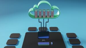 Illustration av servrar i ett moln ovanför en central datorskärm